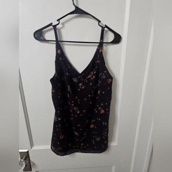 CAbi navy blue floral pinstripe ruffle blouse tank size medium - Picture 3 of 6